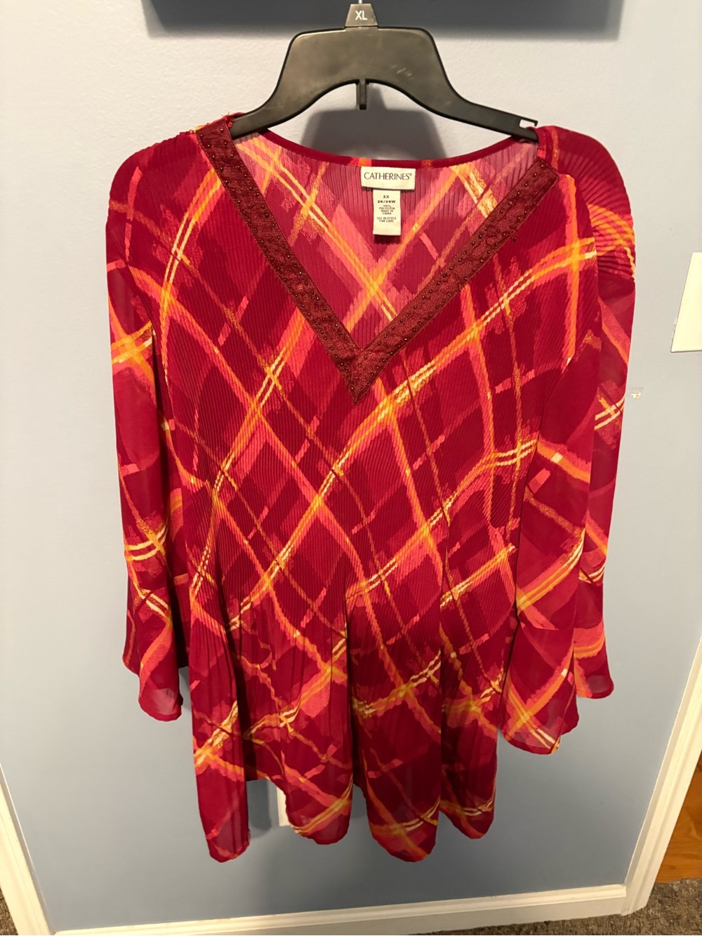 Catherines Red and Yellow Textured Plaid V-Neck Tunic